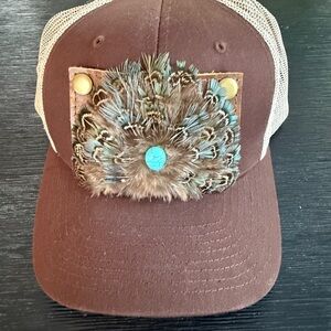 Brown Hat with Feather and Turquoise Accents